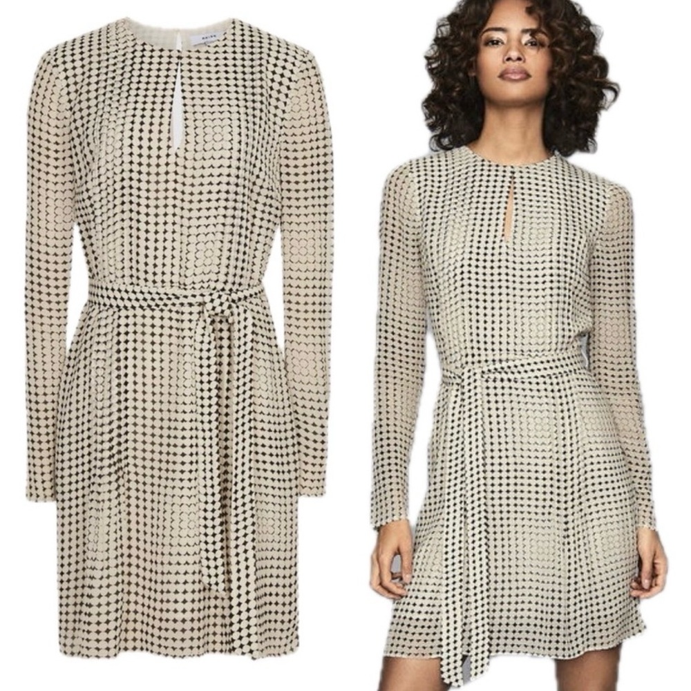 Reiss Elissa Belted Dress Cream Black Geometric Long Sleeve Size 12 BNWT